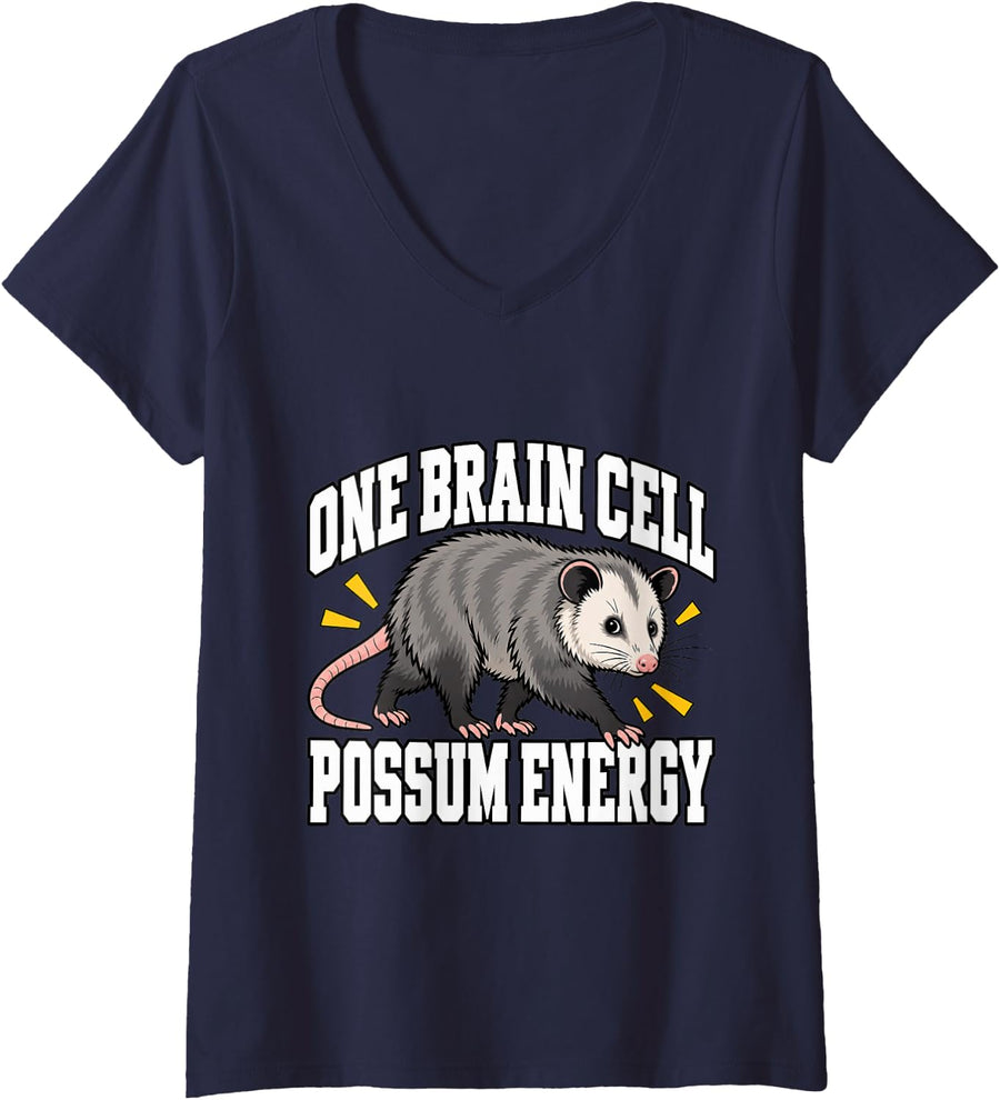 Women's Opossum One Brain Cell Possum Energy Possum Funny Sarcastic V-Neck T-Shirt - Navy Blue