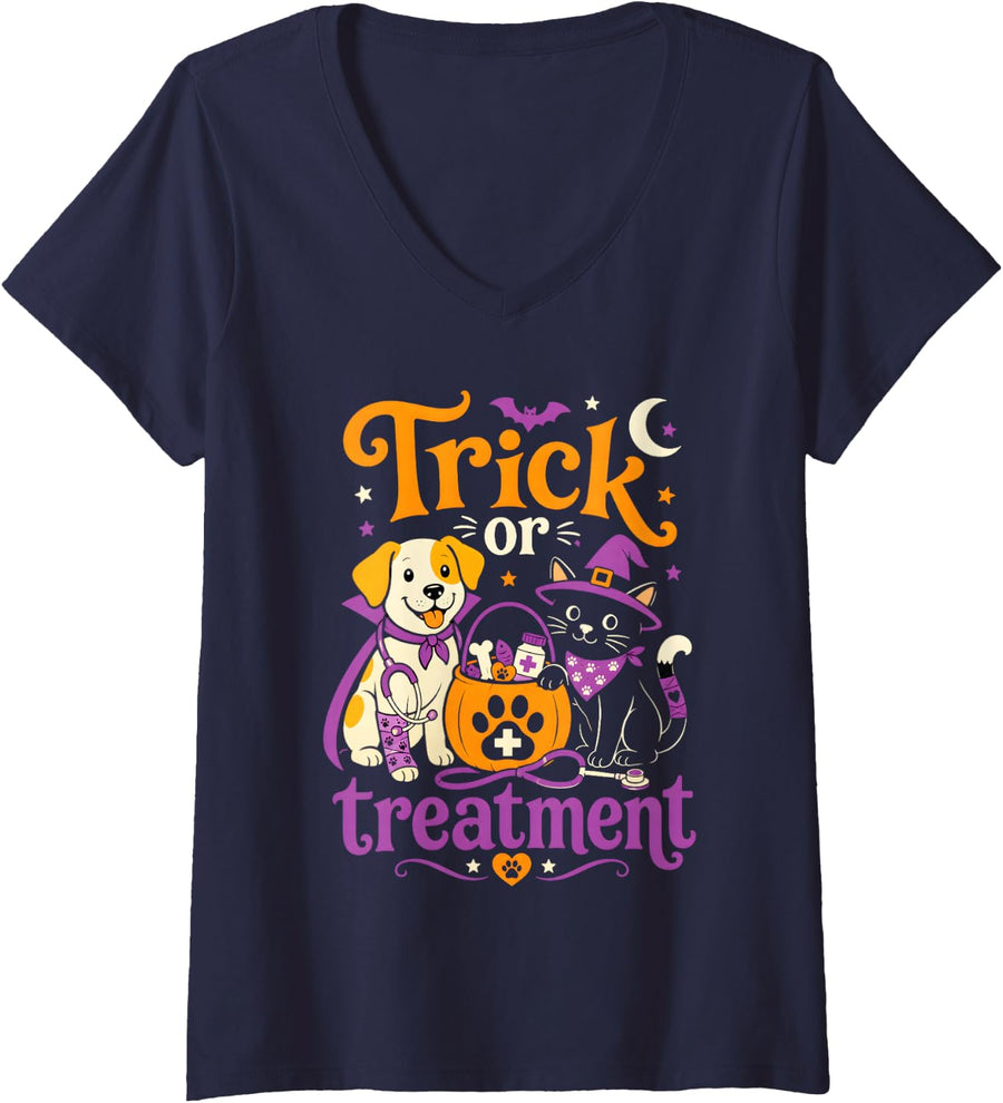 Women's Veterinary Halloween Veterinarian Vet Tech Trick Treatment V-Neck T-Shirt - Navy Blue