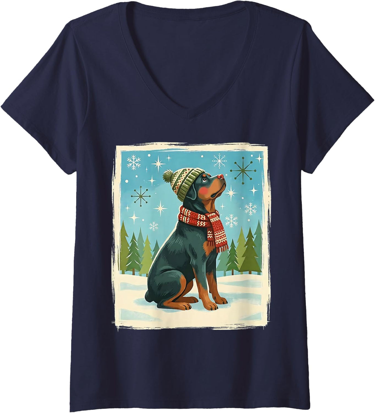 Women's Rottweiler Rottie Winter Hat Scarf Rosy Cheeks Retro Holiday V-Neck T-Shirt - Navy Blue