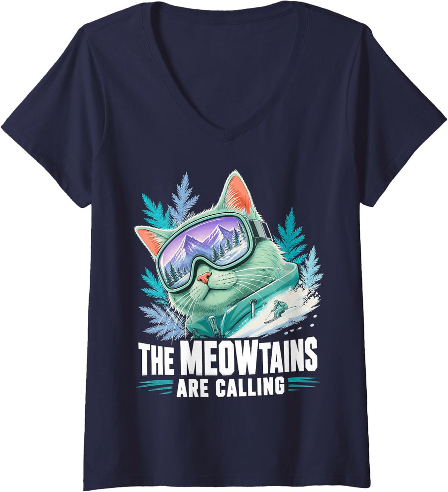 Women's Skiing Cat Ski Club Winter Sports Skier V-Neck T-Shirt - Navy Blue