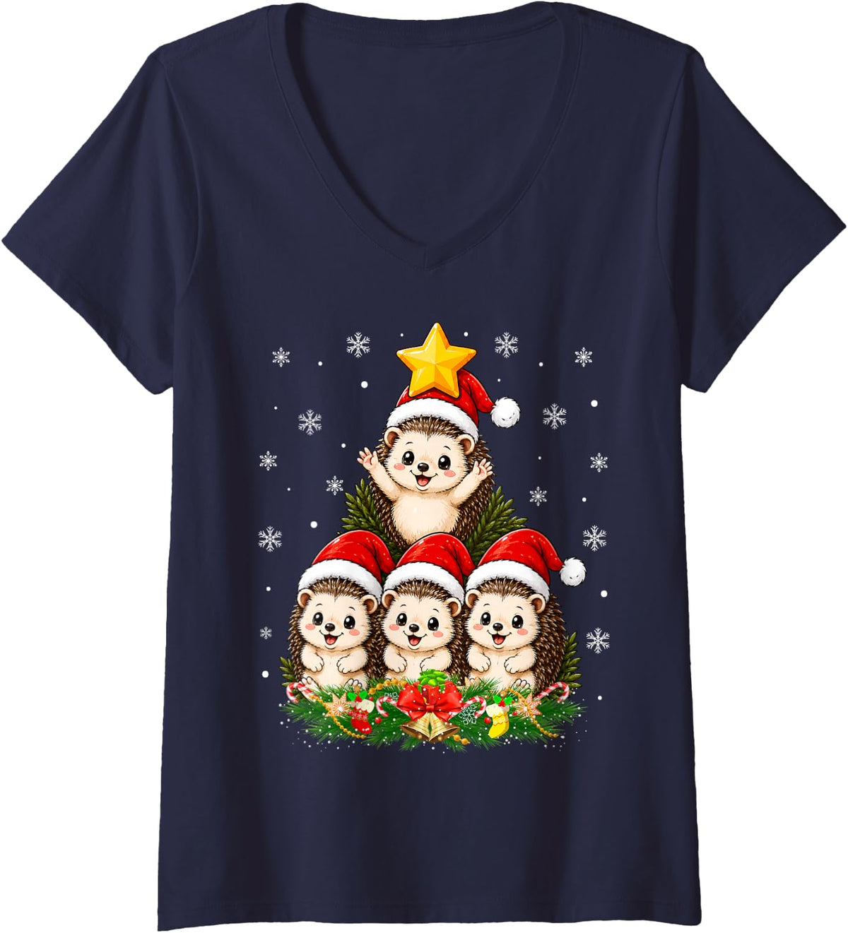 Women's Hedgehog Christmas Tree Cute Animal Festive Hedgehog Xmas V-Neck T-Shirt - Navy Blue