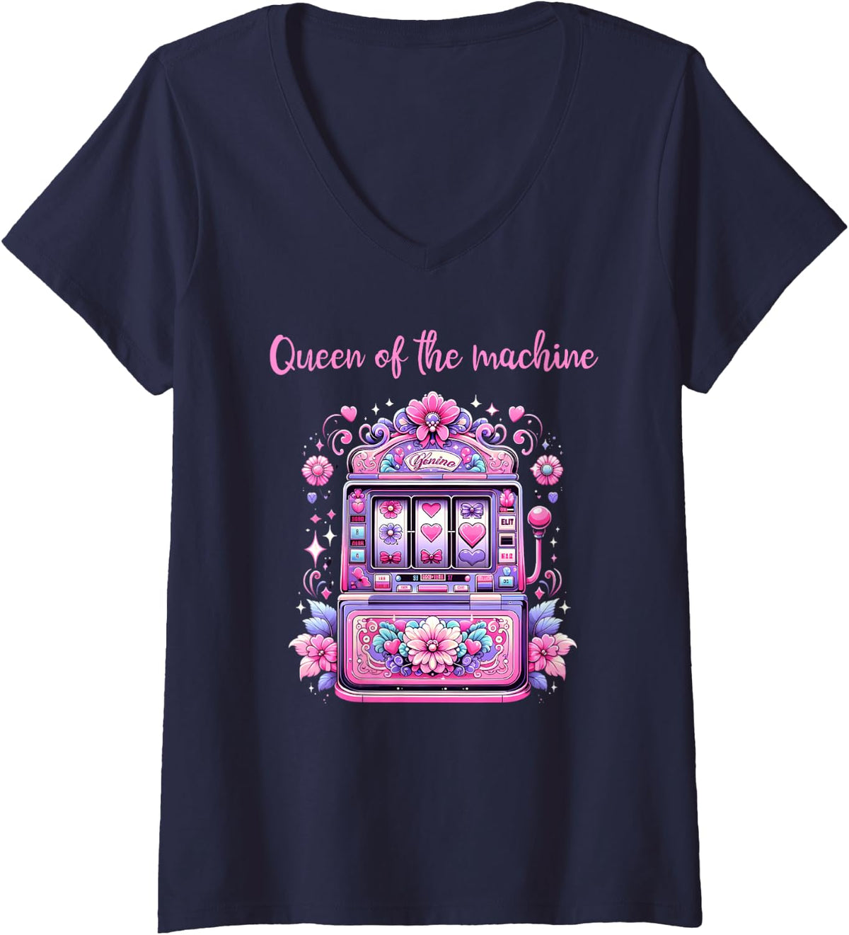 Womens Queen Of The Machine Funny Slot Machine Gambling V-Neck T-Shirt - Navy Blue