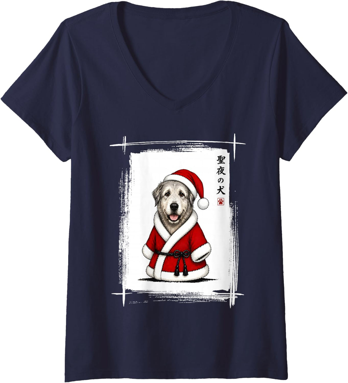 Women's Irish Wolfhound Christmas Japanese Art Funny Irish Wolfhound V-Neck T-Shirt - Navy Blue