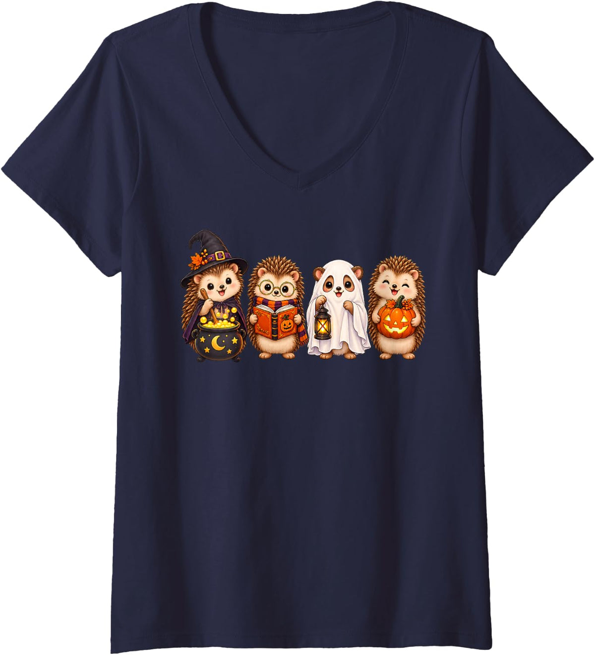 Women's Halloween Hedgehog Reader with Witch Ghost Pumpkin V-Neck T-Shirt - Navy Blue