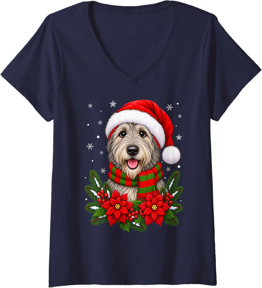 Women's Cute Festive Flowers Santa Hat Irish Wolfhound Dog Christmas V-Neck T-Shirt - Navy Blue