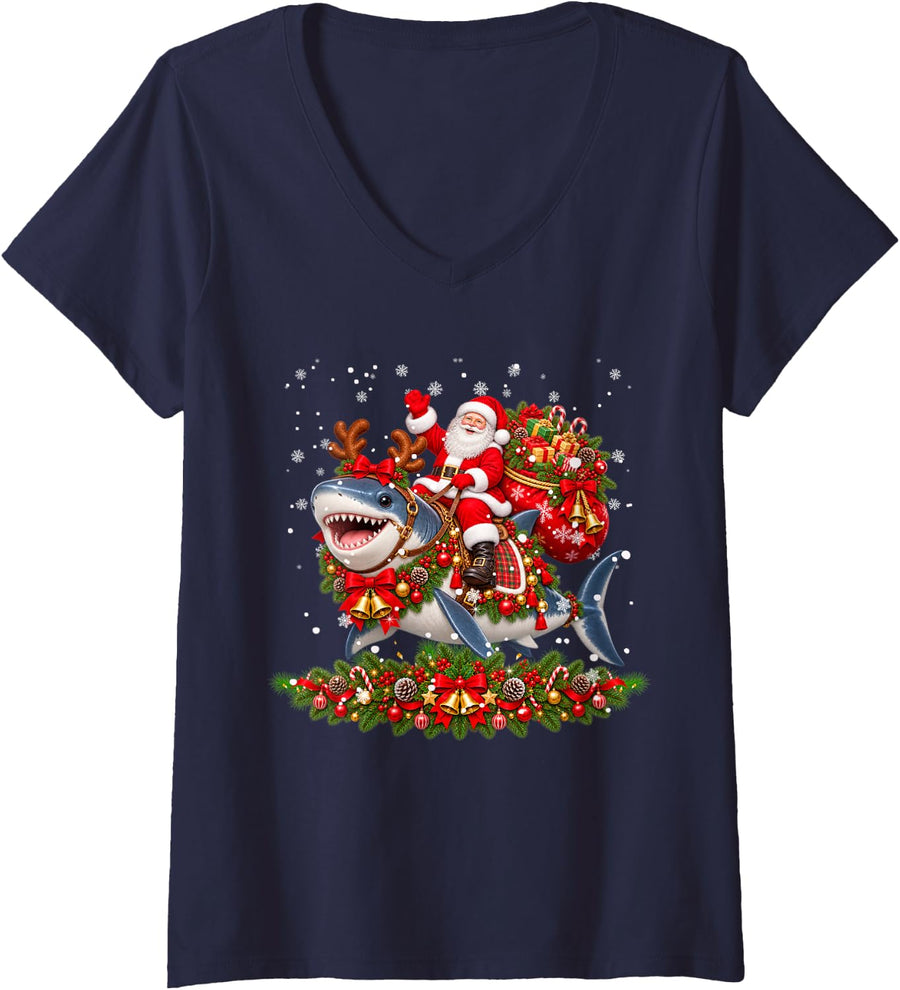Women's Xmas Decor Funny Santa Riding Shark Christmas V-Neck T-Shirt - Navy Blue