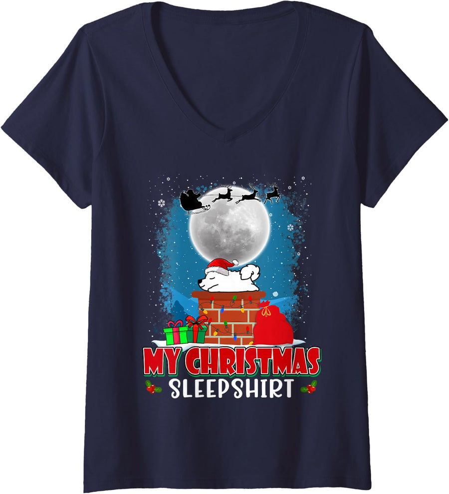 Women's Samoyed Dog My Christmas Sleep Puppy Funny Xmas V-Neck T-Shirt - Navy Blue
