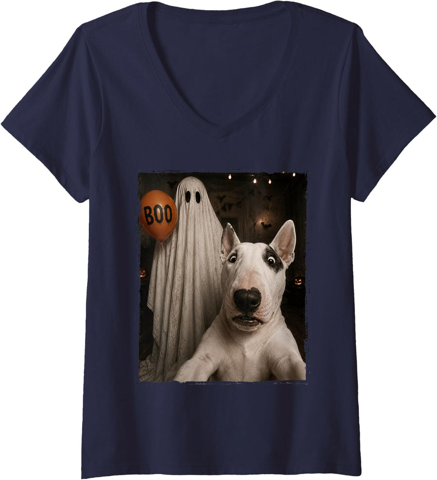 Women's Funny Bull Terrier Halloween Selfie Ghost Boo Balloon Kids V-Neck T-Shirt - Navy Blue