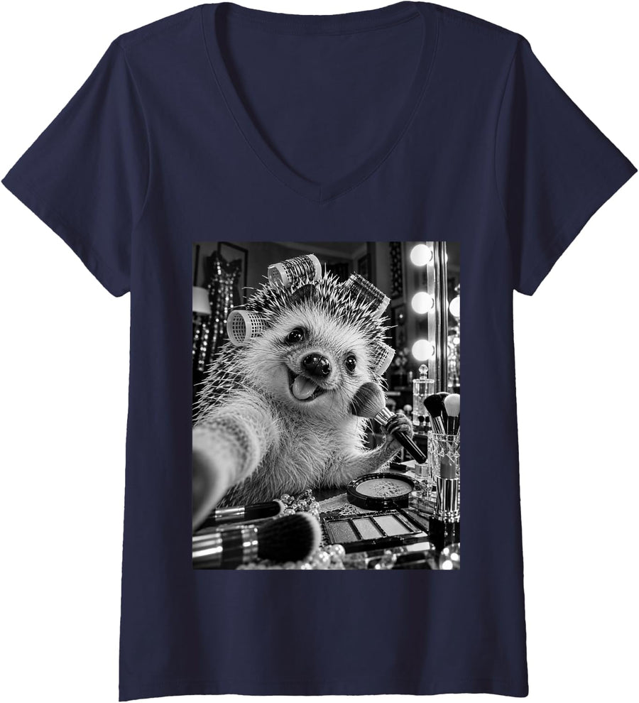 Women's Funny Hedgie Makeup Selfie | Proud Hedgehog Parent V-Neck T-Shirt - Navy Blue