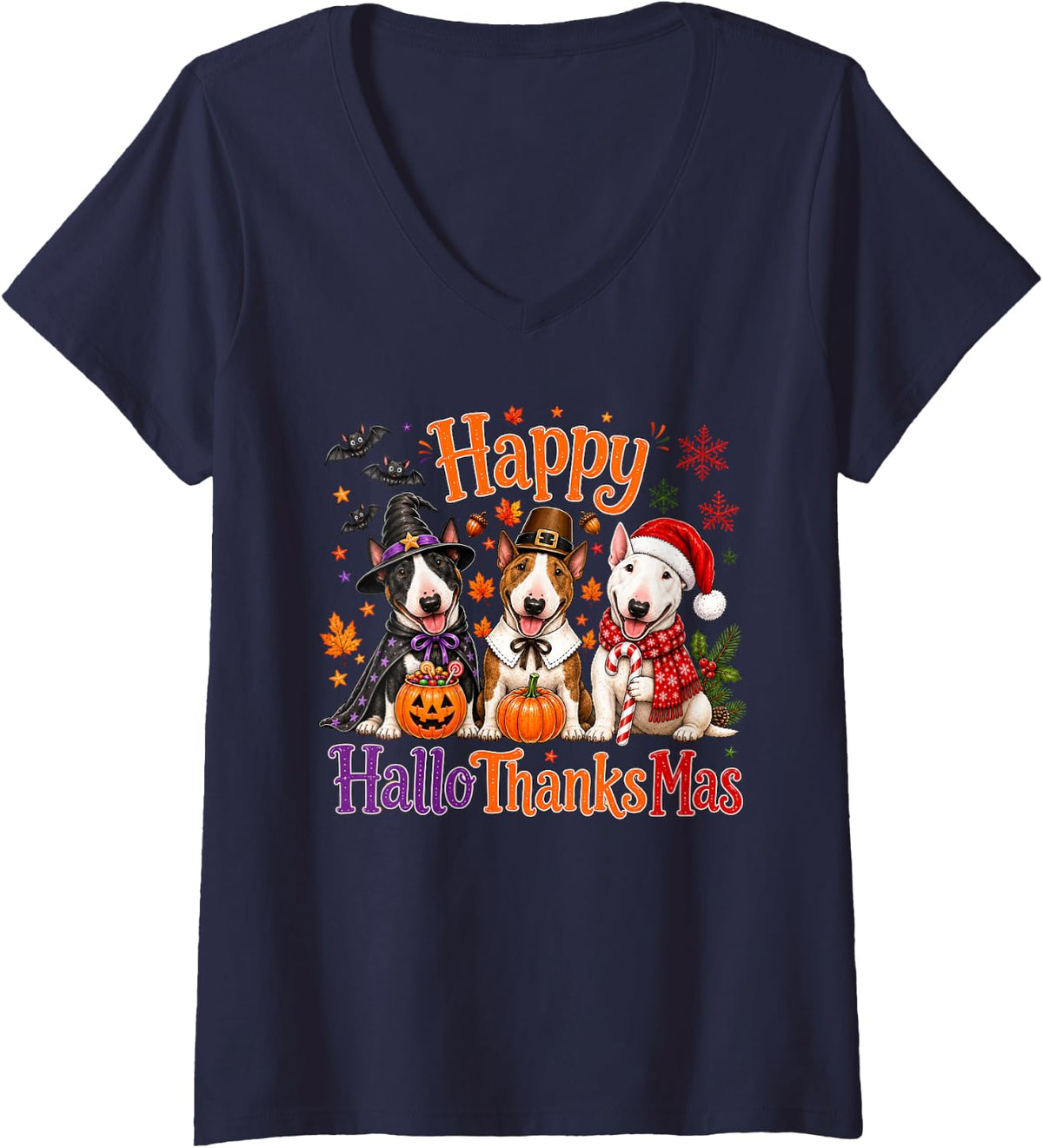 Women's Bull Terrier Happy Hallothanksmas Halloween Thanksgiving V-Neck T-Shirt - Navy Blue
