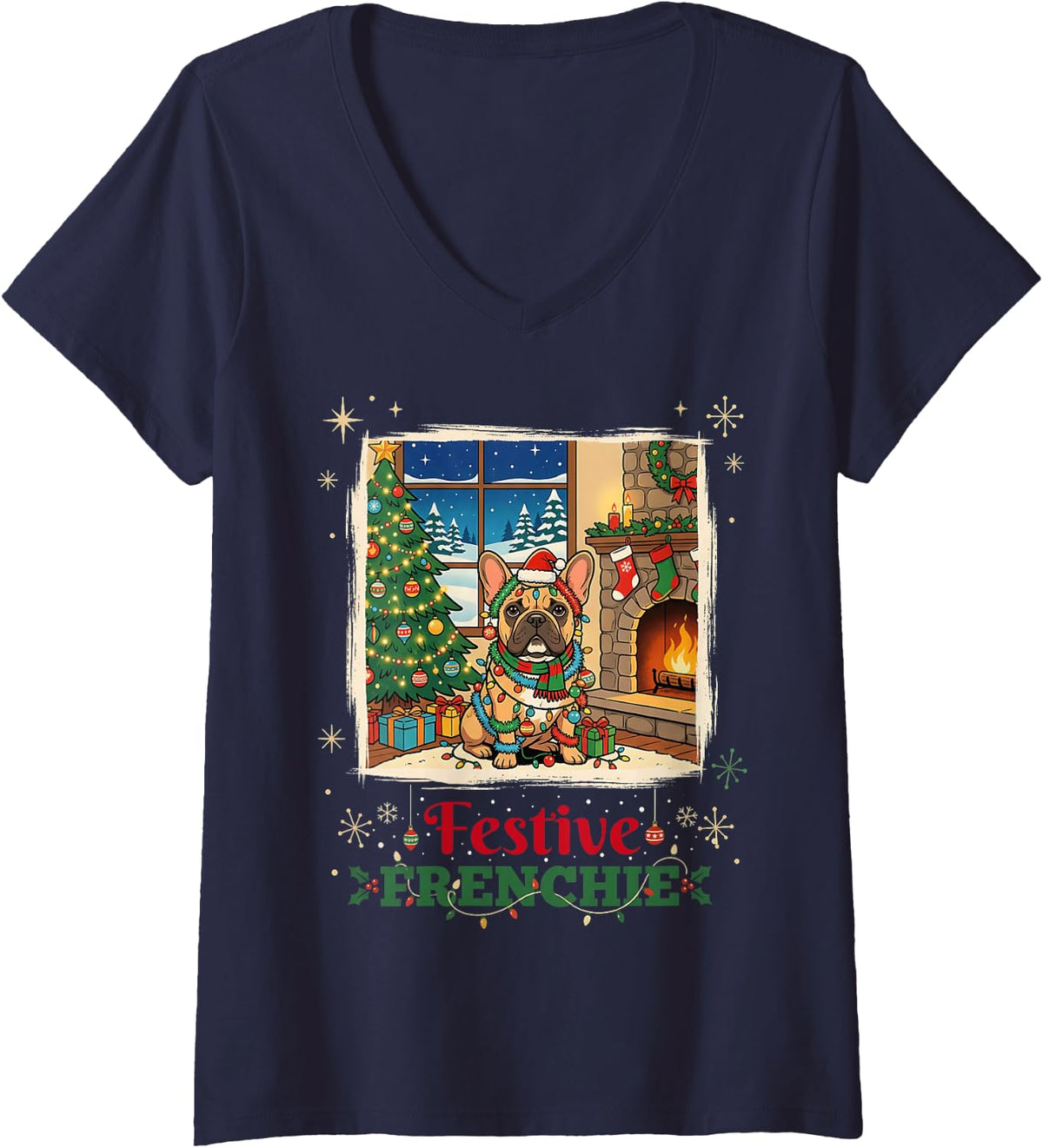 Women's French Bulldog Frenchie String Lights Ornaments Tinsel Retro V-Neck T-Shirt - Navy Blue