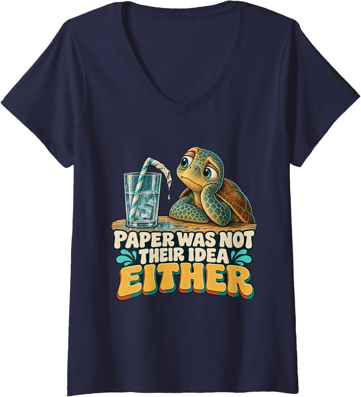 Women's Paper was Not Their Idea Either Sea Turtle Graphic V-Neck T-Shirt - Navy Blue