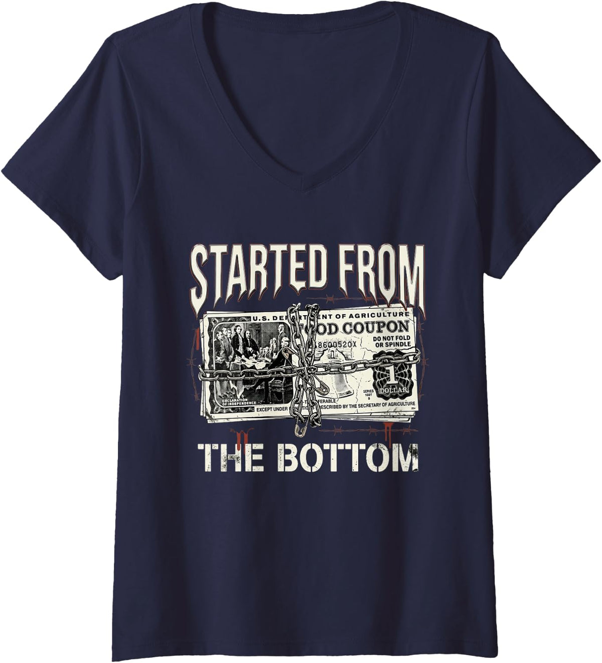 Women's Started from The Bottom Tshirt Hustle Motivation Streetwear V-Neck T-Shirt - Navy Blue