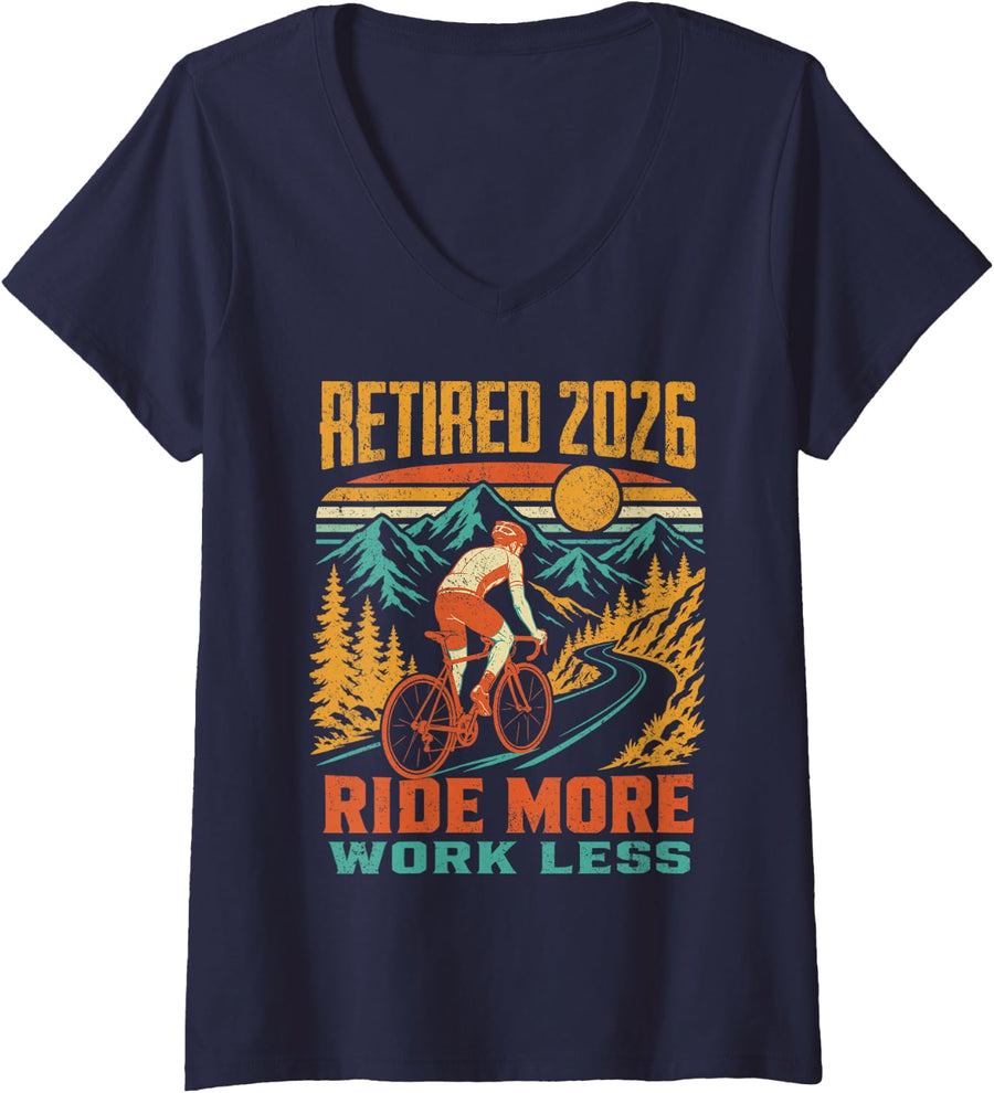 Women's Cycling Retirement 2026 Ride More Work Less Mountain Road V-Neck T-Shirt - Navy Blue