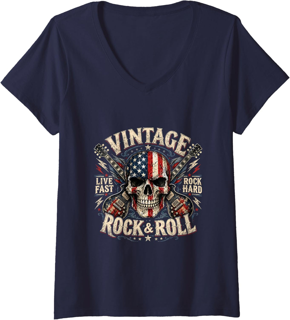 Women's Vintage American Flag Skull Rock and Roll Electric Guitar V-Neck T-Shirt - Navy Blue