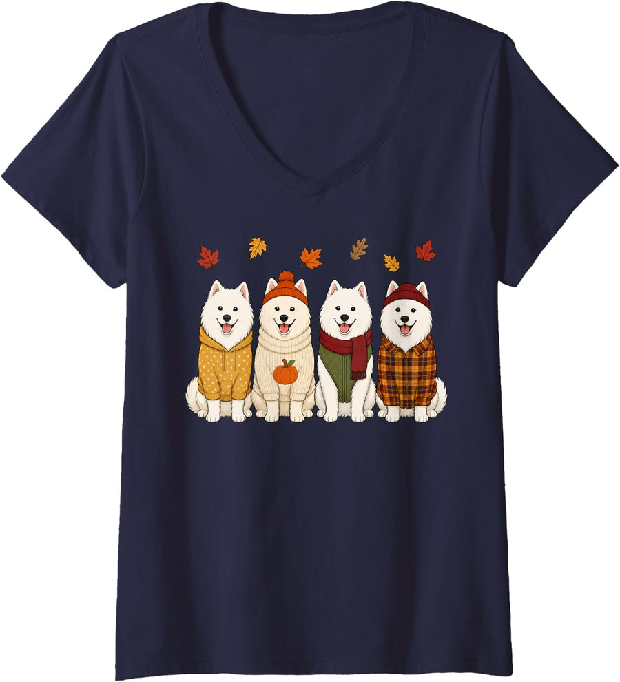 Women's Samoyed Fall Autumn Season Pumpkin Dog V-Neck T-Shirt - Navy Blue