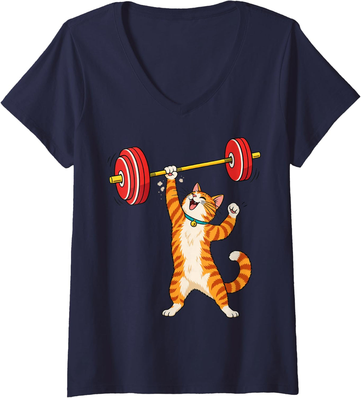 Women's Powerlifting Tabby Cat Overhead Press Gym Humor V-Neck T-Shirt - Navy Blue