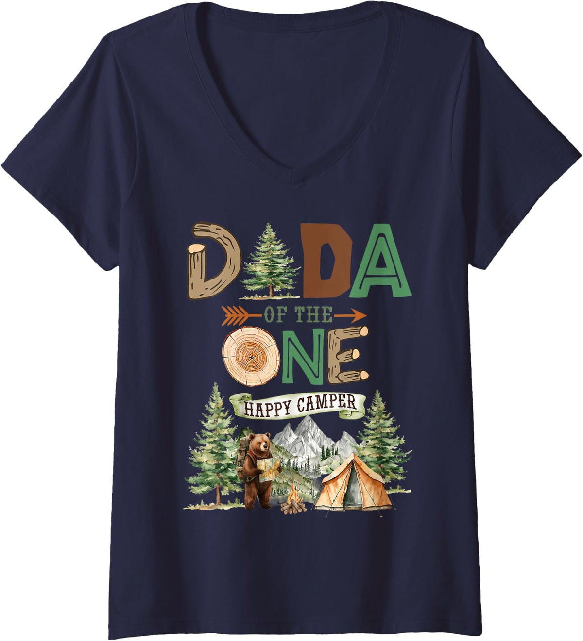 Women's Dada of The One Happy Camper 1st Birthday Camping V-Neck T-Shirt - Navy Blue