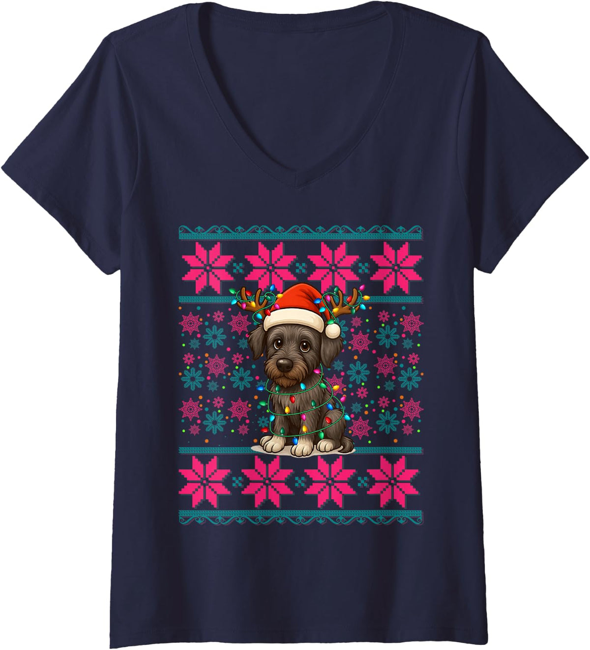 Women's Reindeer Santa Hat Ugly Christmas Irish Wolfhound Dog Girls V-Neck T-Shirt - Navy Blue