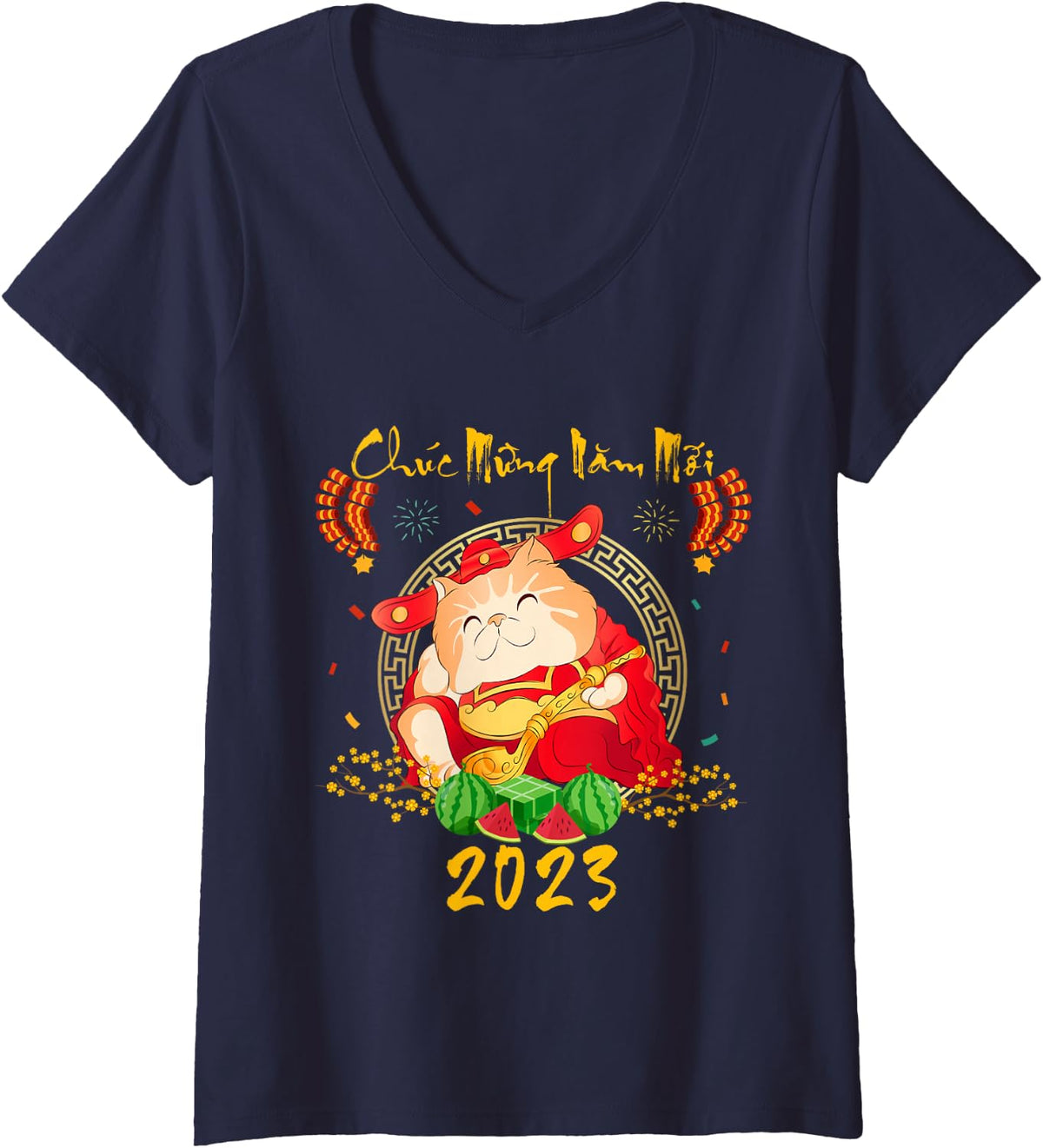Women's Happy Vietnamese Lunar New Year 2023 Chuc Mung NAM Moi V-Neck T-Shirt - Navy Blue