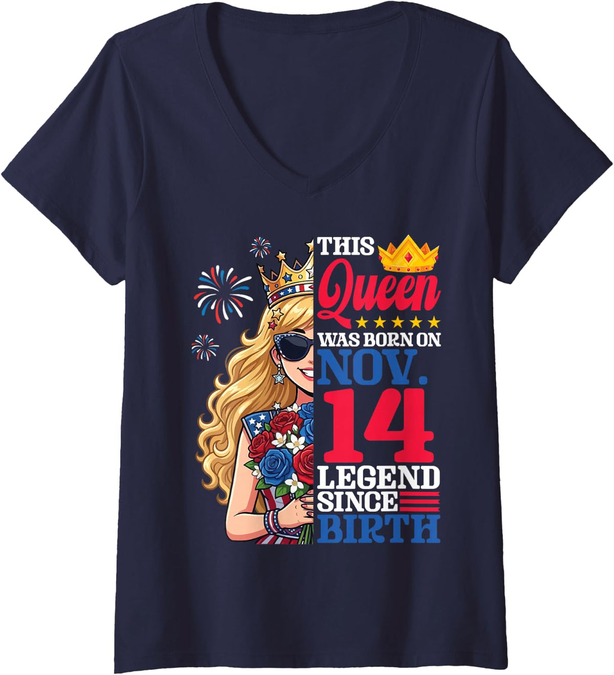 Women's This Queen was Born On November 14 Legend Since Birth A Girl V-Neck T-Shirt - Navy Blue