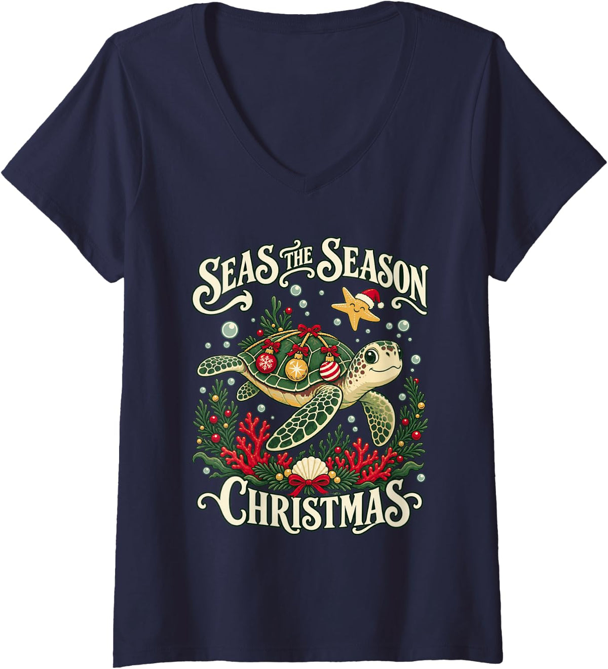 Women's Christmas Sea Turtle Ocean Holiday Marine Life V-Neck T-Shirt - Navy Blue