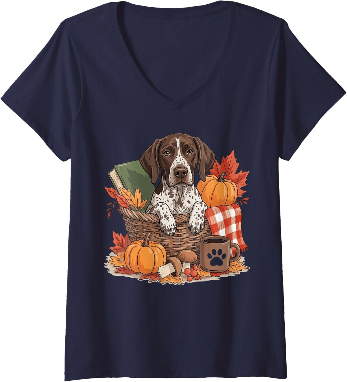 Women's German Shorthaired Pointer Dog Fall Leaves Books and Autumns V-Neck T-Shirt - Navy Blue