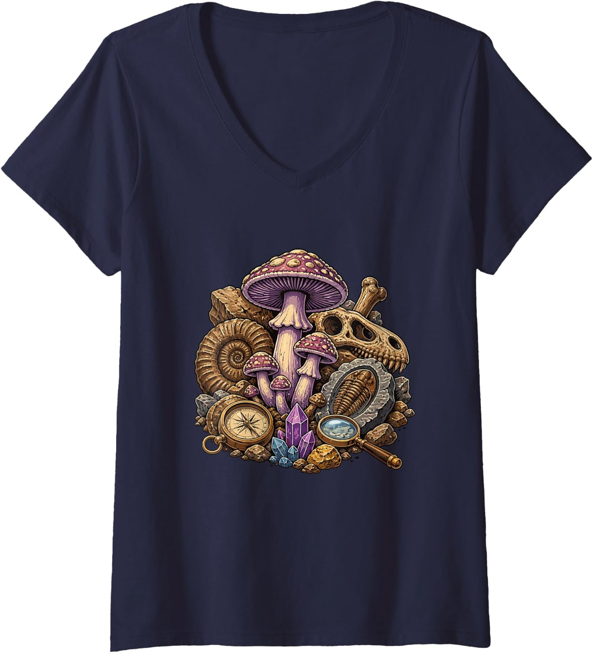 Women's Mystic Mushroom Fossil Compass Crystal Collection V-Neck T-Shirt - Navy Blue