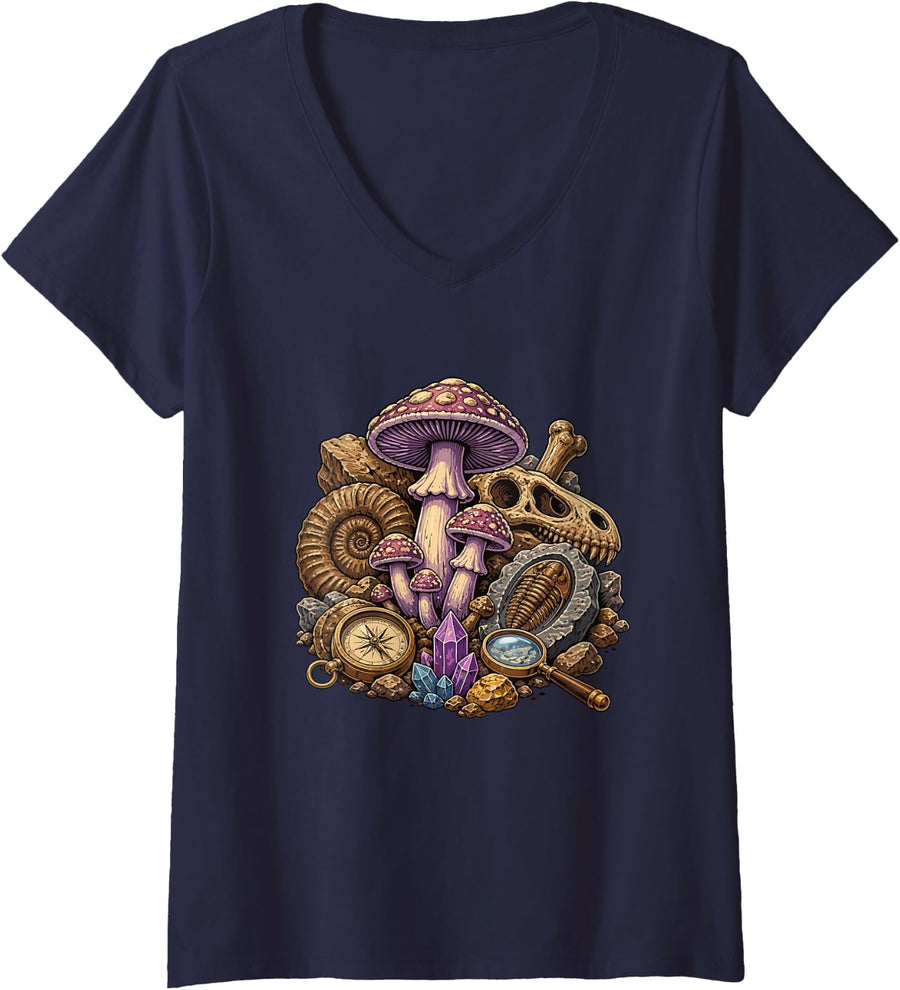 Women's Mystic Mushroom Fossil Compass Crystal Collection V-Neck T-Shirt - Navy Blue