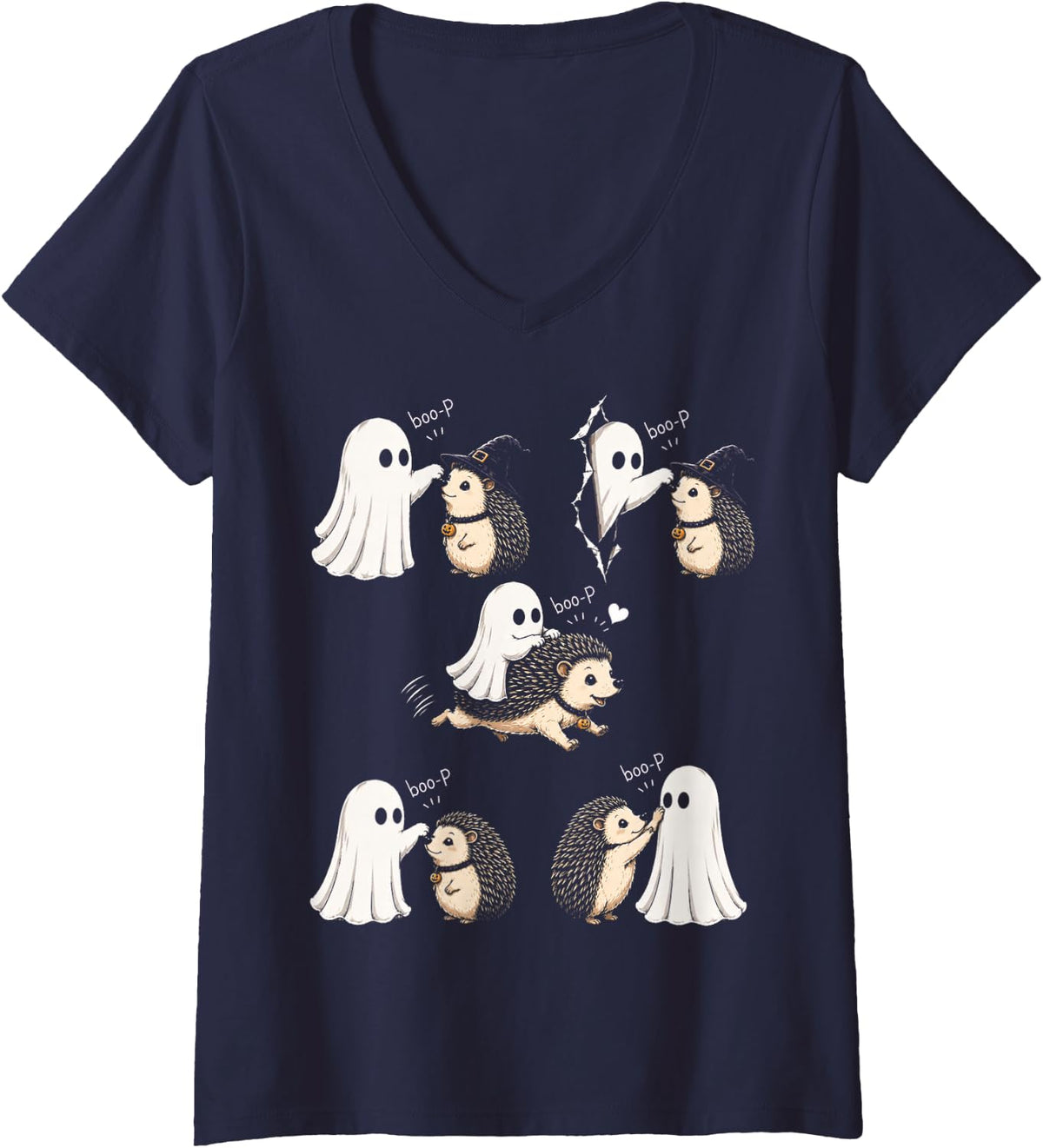 Women's Cool Hedgehog Boo P Ghost Nose Boop Halloween Costume V-Neck T-Shirt - Navy Blue
