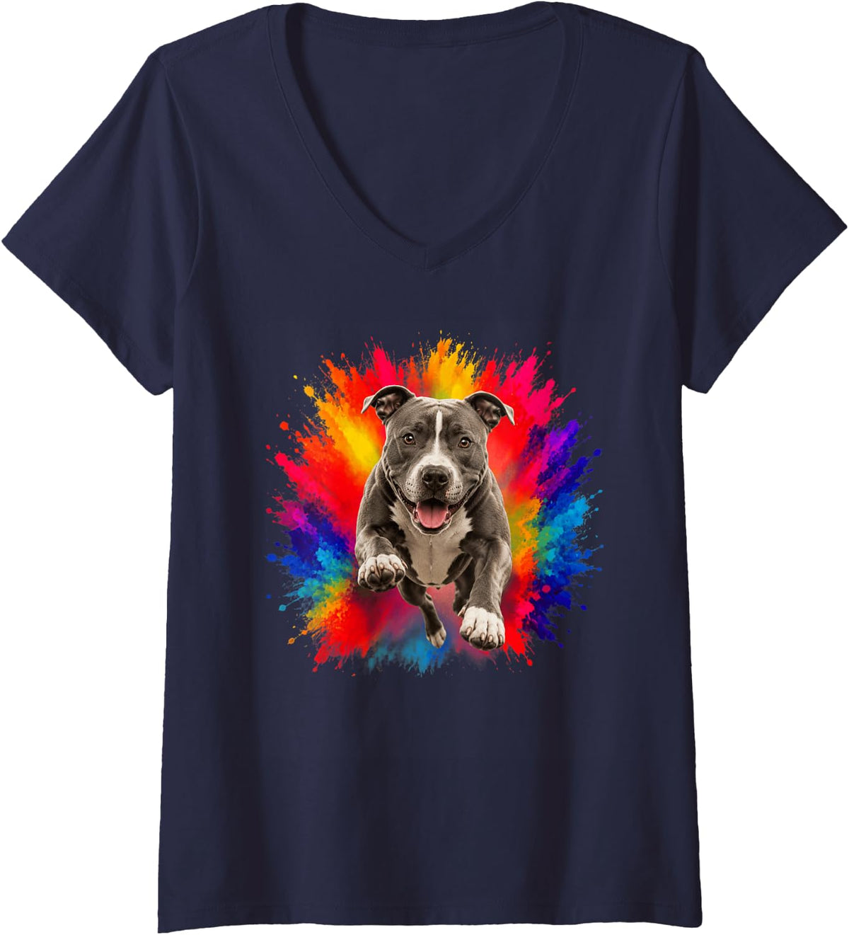 Women's American Pit Bull Terrier Colorful Splash Art Dog V-Neck T-Shirt - Navy Blue