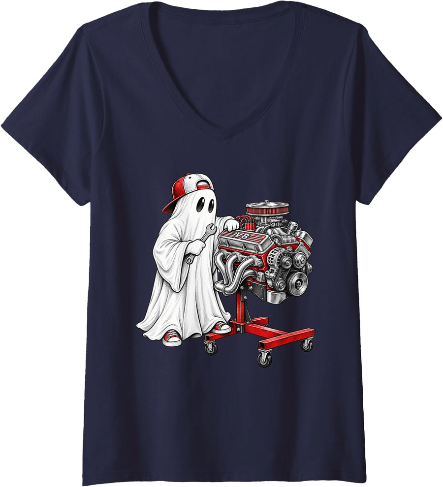 Women's Ghost Mechanic Wrenching On Engine Car Shop Funny Halloween V-Neck T-Shirt - Navy Blue