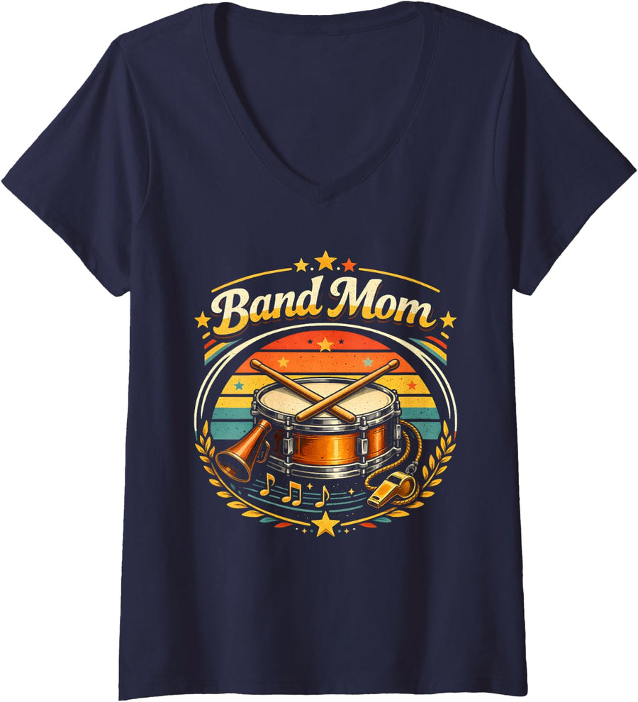 Women's Band Mom Marching Band Trumpet Drums Music Mother V-Neck T-Shirt - Navy Blue