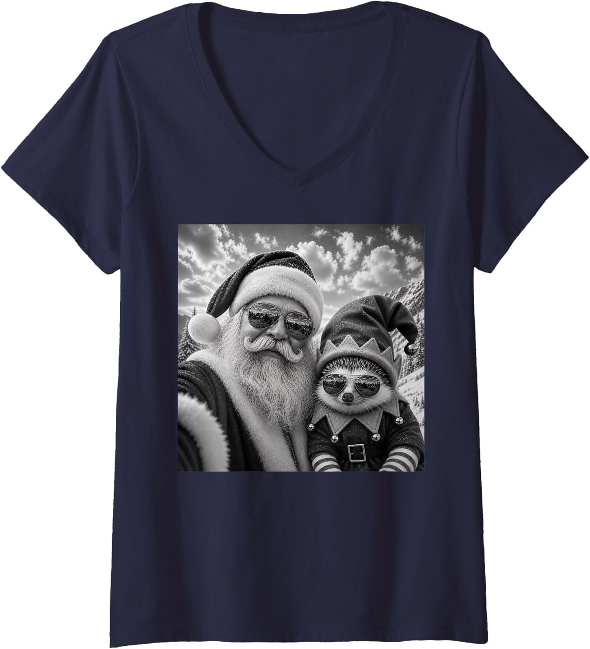 Women's Funny Santa Selfie with Hedgehog Christmas V-Neck T-Shirt - Navy Blue