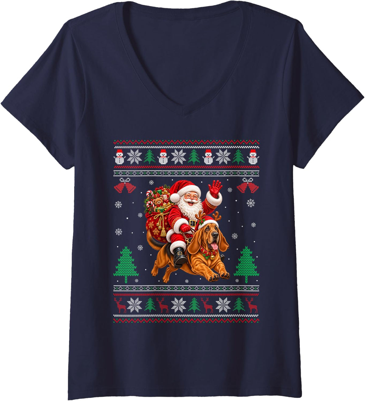 Women's Bloodhound Ugly Christmas Sweater Santa Riding Dog Xmas V-Neck T-Shirt - Navy Blue
