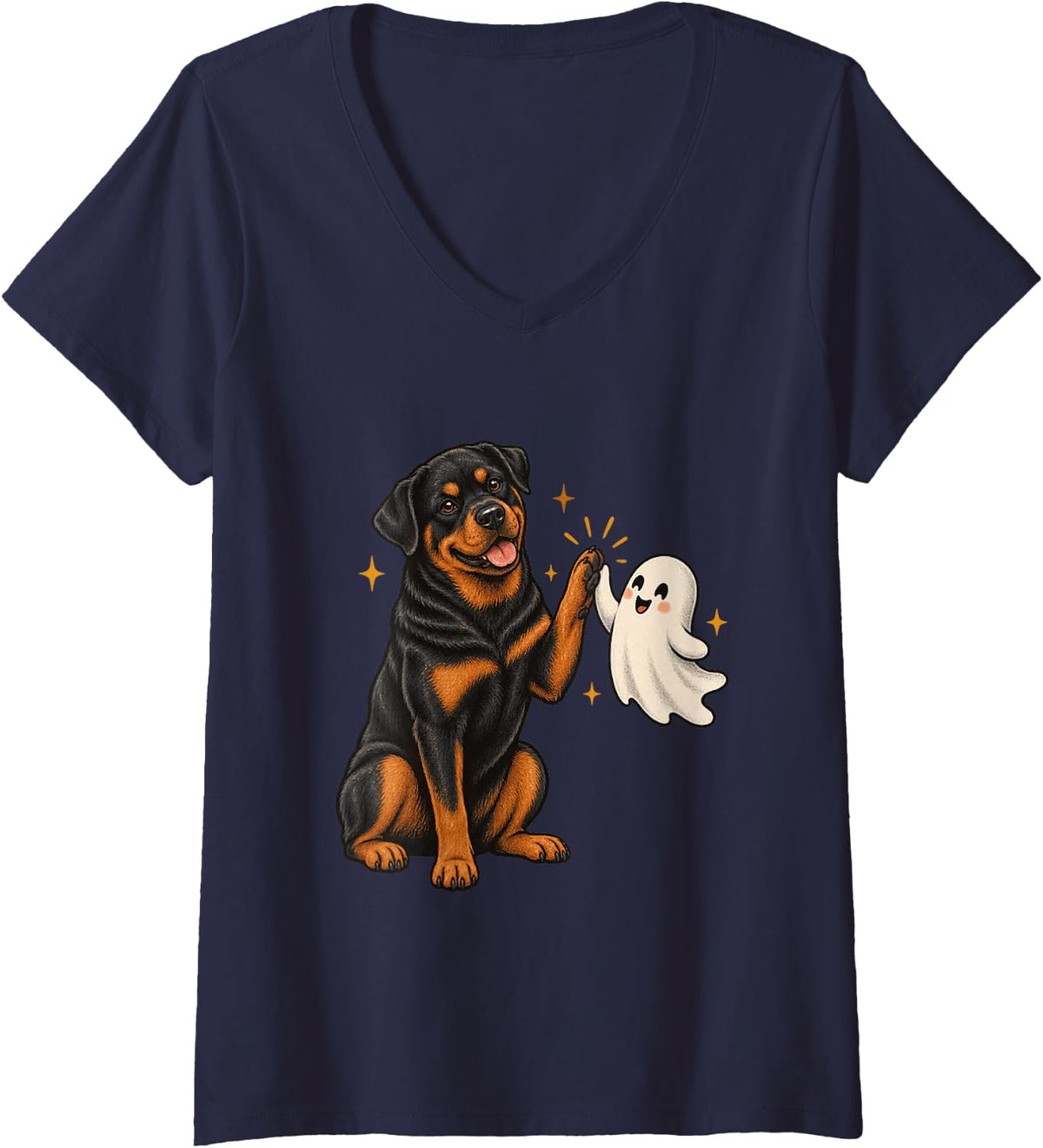 Women's Halloween Rottweiler Ghost Friend Spooky Fall V-Neck T-Shirt - Navy Blue