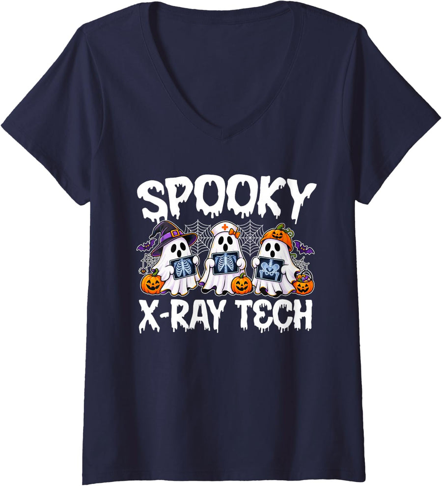 Women's Spooky X-Ray Tech Halloween XRay Tech Radiology Tech V-Neck T-Shirt - Navy Blue