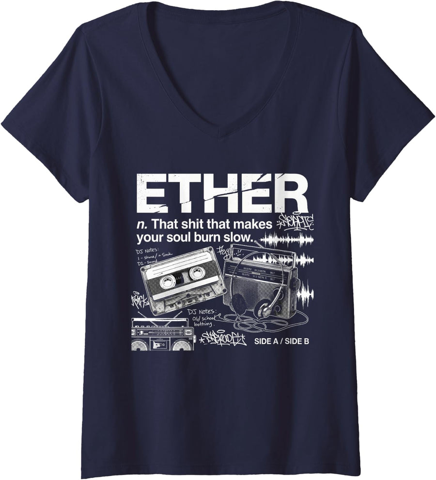 Women's Ether Tshirt Music Rap Oldschool Hiphop Urban Streetwear V-Neck T-Shirt - Navy Blue