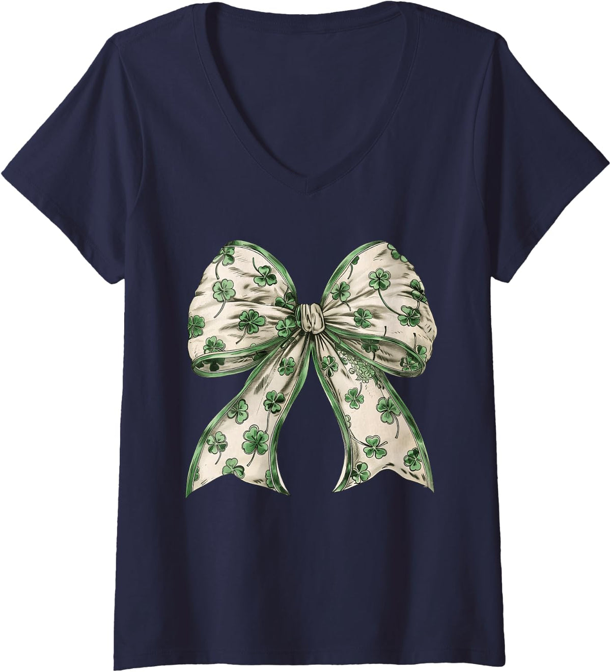 Women's Shamrock Retro Coquette St Patrick's Day V-Neck T-Shirt - Navy Blue