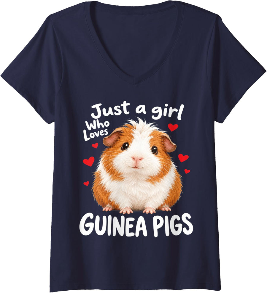 Women's Just a Girl Who Loves Guinea Pigs Cute V-Neck T-Shirt - Navy Blue