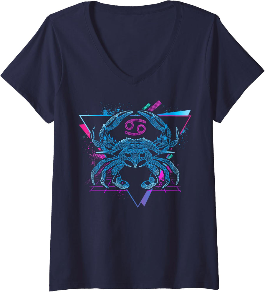 Women's Cancer Zodiac Sign Astrology V-Neck T-Shirt - Navy Blue