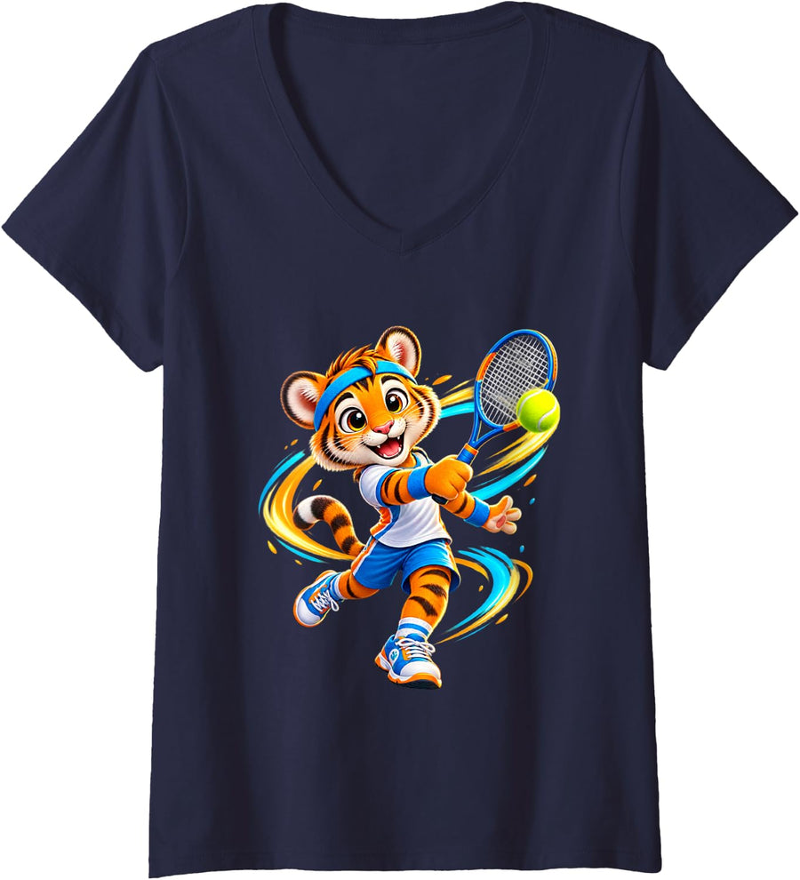 Women's Tennis Tiger Design for Tennis Players and Tennis V-Neck T-Shirt - Navy Blue