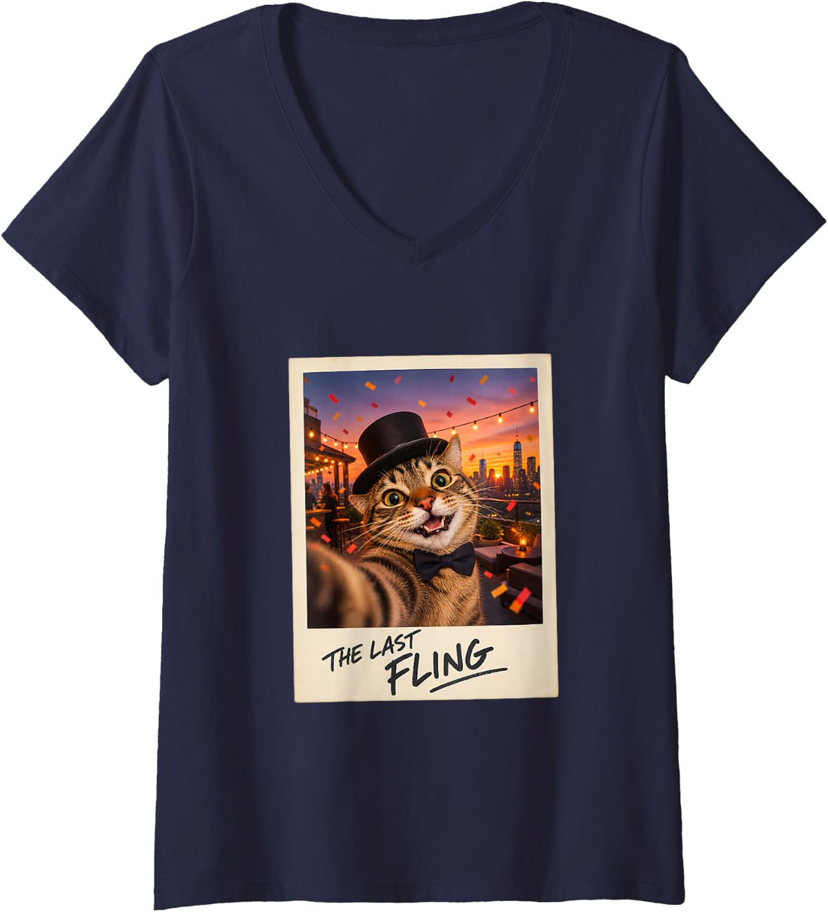 Women's The Last Fling Tabby Cat Selfie Funny Bachelorette V-Neck T-Shirt - Navy Blue