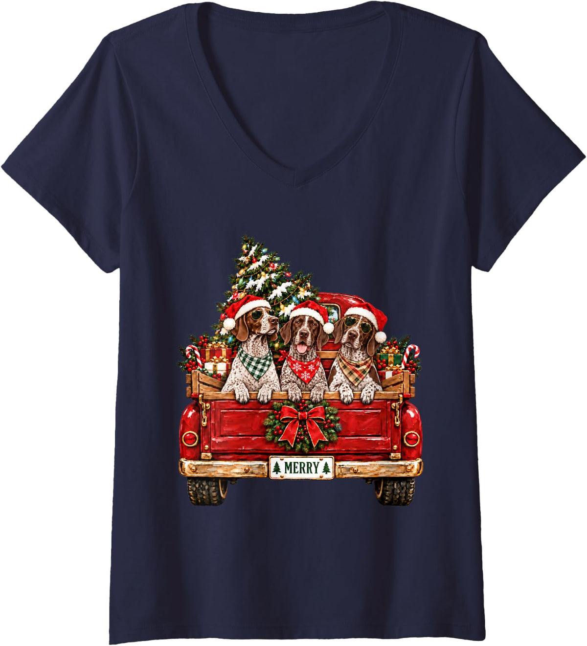 Women's Vintage German Shorthaired Pointer Red Truck Christmas Tree V-Neck T-Shirt - Navy Blue