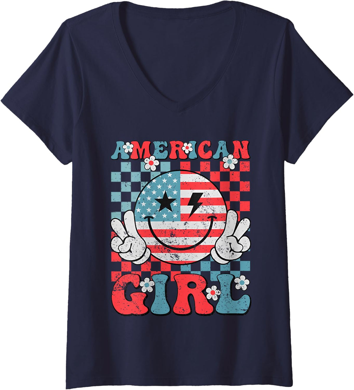 Women's Retro American Girl 4th of July Smile Checkered Womens Girls V-Neck T-Shirt - Navy Blue