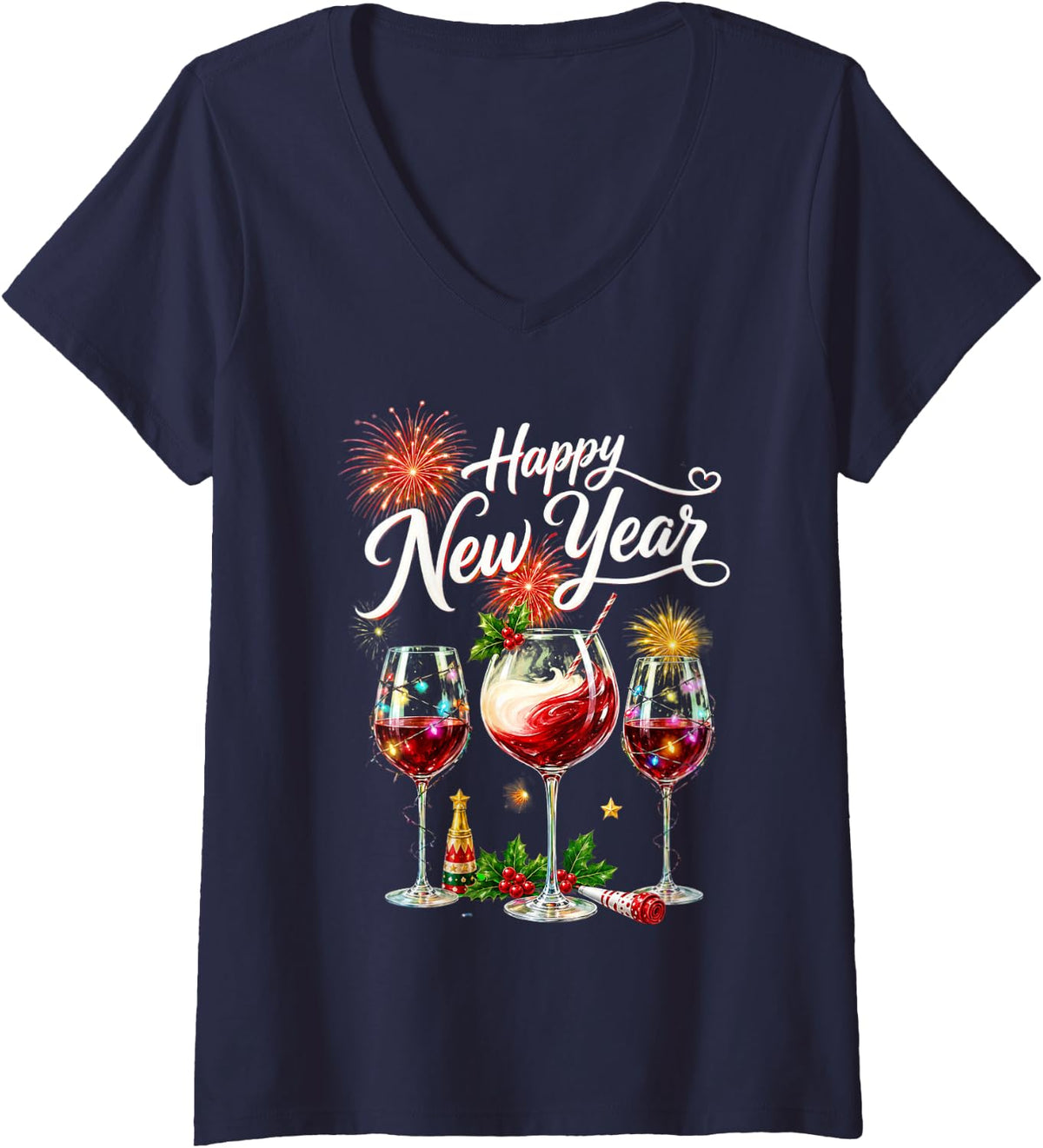 Women's Happy New Year 2026 New Years Eve Fireworks Glasses of Wine V-Neck T-Shirt - Navy Blue