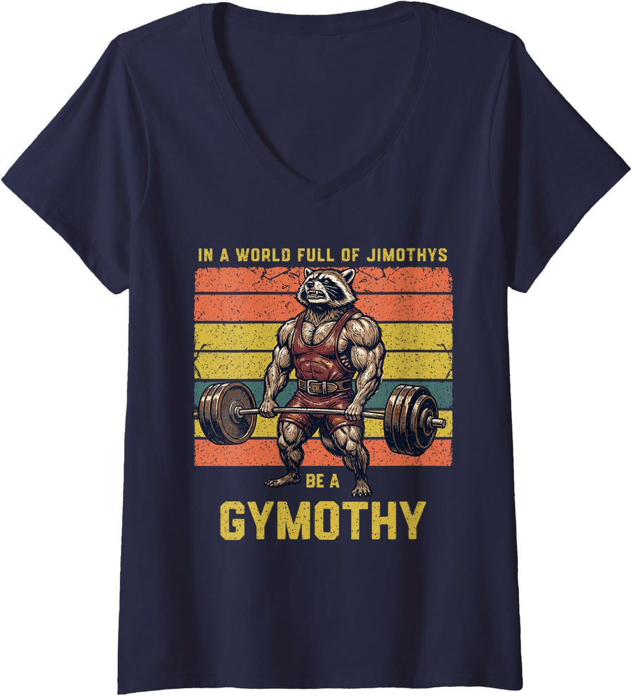 Women's Gymothy Raccoon Bodybuilding Workout Humor V-Neck T-Shirt - Navy Blue