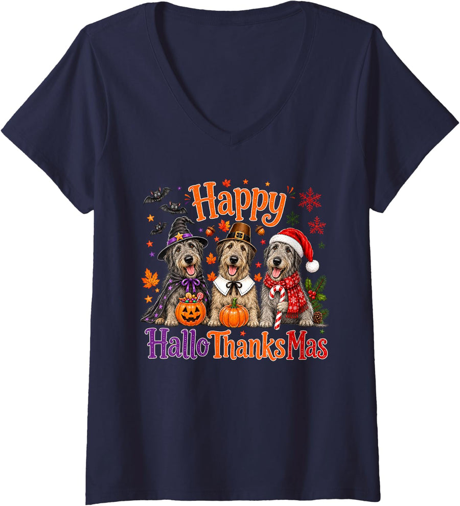Women's Irish Wolfhound Happy Hallothanksmas Halloween Thanksgiving V-Neck T-Shirt - Navy Blue