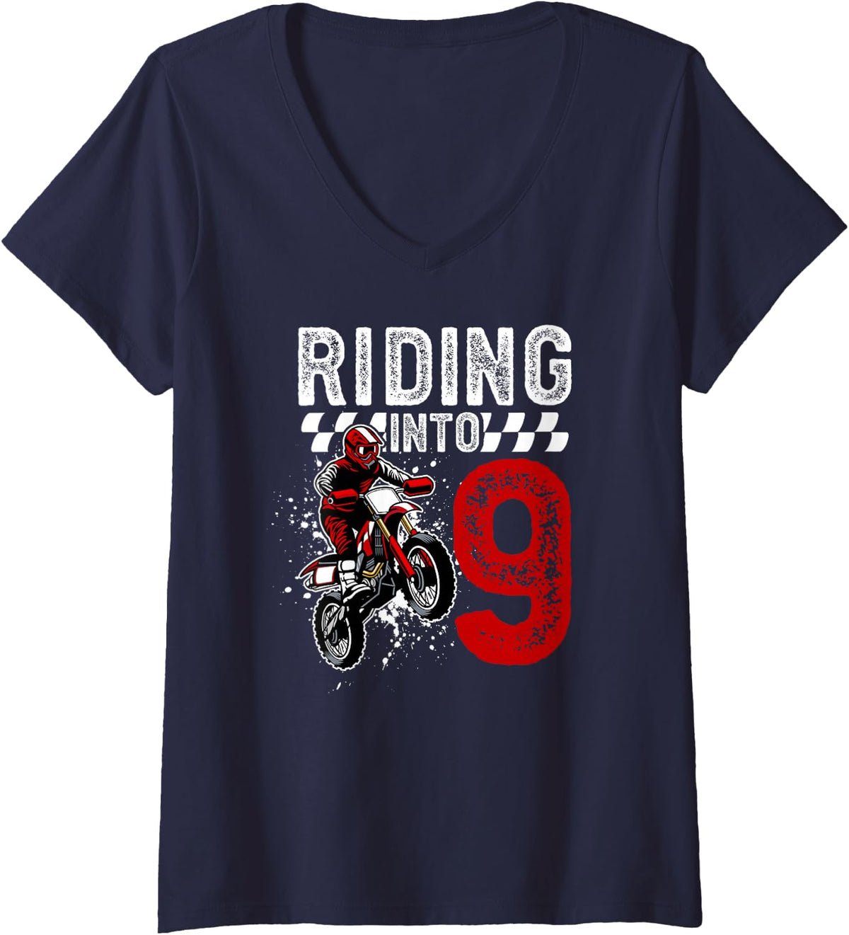 Women's 9th Dirt Bike Birthday Nine Year Old Dirt Biker Birthday V-Neck T-Shirt - Navy Blue