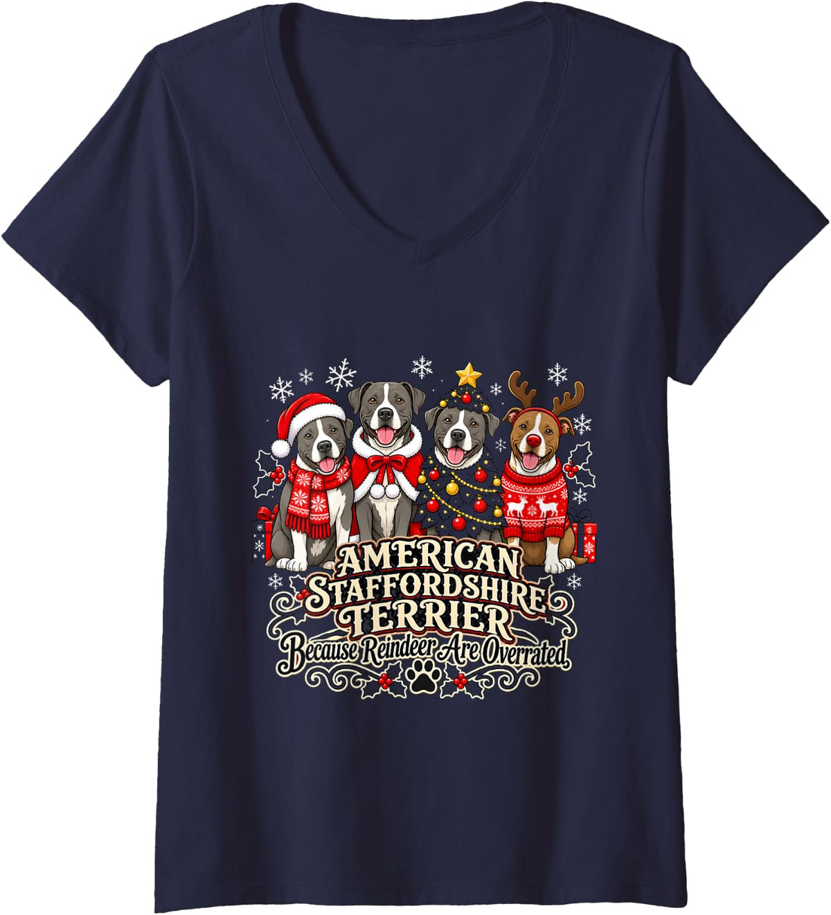 Women's American Staffordshire Terrier Christmas Fun V-Neck T-Shirt - Navy Blue